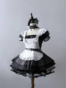 Vintage Black And White Striped Lolita Maid Costume Subculture Japanese Cute Apron Set Cosplay Dress - Bộ vest sọc đen + váy lót vải tuyn đen - Xem 2