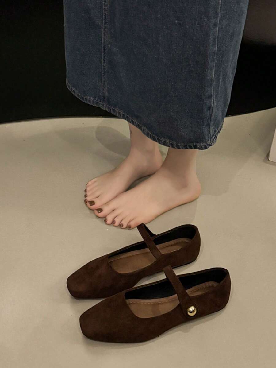 通勤辦公法式風平底瑪莉珍女鞋，復古舒適素色麂皮軟底休閒樂福鞋，春秋款