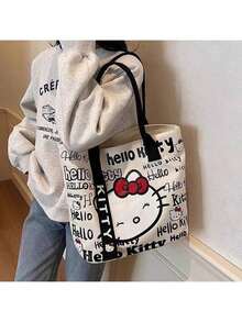 Sanrio Hello Kitty Women's Large Capacity Tote Bag/Shoulder Bag/Travel Bag, Hello Kitty Canvas Tote Bag, Cute KT Tote Shoulder Bag, Cartoon Versatile Tote Bag, Large Capacity Commuter Bag, Suitable For Travel, Back To School, Commuting