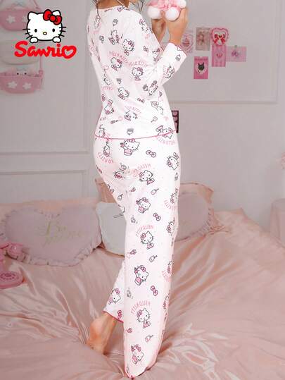 SANRIO Bộ đồ ngủ 2 món, đồ mặc nhà, bộ đồ ngủ màu hồng và trắng, cổ tròn, kiểu dáng thoải mái, đồ mặc nhà dễ thương, đồ mặc nhà