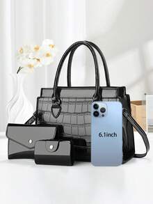 3pcs Set Elegant Crocodile Pattern Fashion Handbag, Multifunctional Large Capacity Shoulder Bag, Fashionable Design, New Stylish Ladies Small Square Bag Handbag Messenger Bag Versatile Casual Multilayer Large Capacity Shoulder Crossbody Bag, Suitable For Valentine's Day Gift Travel Shopping Mall, New Stylish Ladies Tote Shoulder Messenger Colorblock Bag Casual Luxury Large Capacity Shoulder Crossbody Bag - Black - View 8