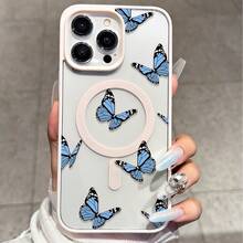 Funda Magnética para Teléfono Apple  Patrón de Mariposa Azul Transparente Antigolpes Funda Protectora de TPU Suave Compatible con iPhone 14 13 12 Series Resistente a los Arañazos Diseño de Moda Ligero Soporta Carga Inalámbrica 2BXS - Multicolor - Ver 7