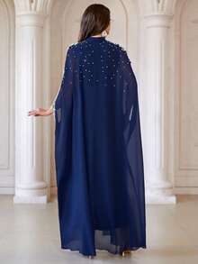 Women's Stand Collar Solid Color 2 In 1 Splicing Open Front Chiffon Dress With Embroidery, Sequins & Beading Decorations, Elegant Long Arabic Style Dress For Banquet, Daily Wear And More Occasions Spring - Royal Blue - View 2