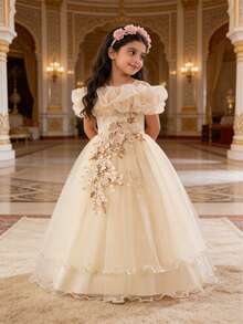 Girls Flower Embroidery One Shoulder Wedding Flower Girl Long Dress - Champagne - View 2
