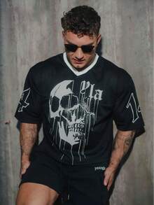 New  Oversized T-Shirt Men's Sports Fitness Quick-Dry Breathable Print Short Sleeve Top - 墨綠色 - 查看 3