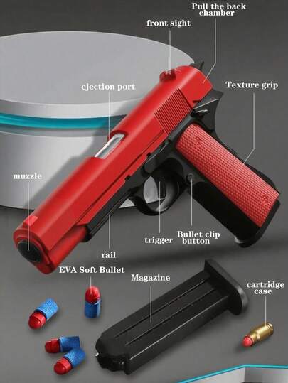 1911 Manually Ejecting Toy Gun For Teenagers, 10 Soft Bullets, 8 Shells, A Shooting Game For Teenagers, Handgun Model, Birthday Gift (This Product Has Two Options: With Text And Without Text, Randomly Sent, Some Accessory Colors Are Randomly Sent, Manual Measurement May Cause Deviation)