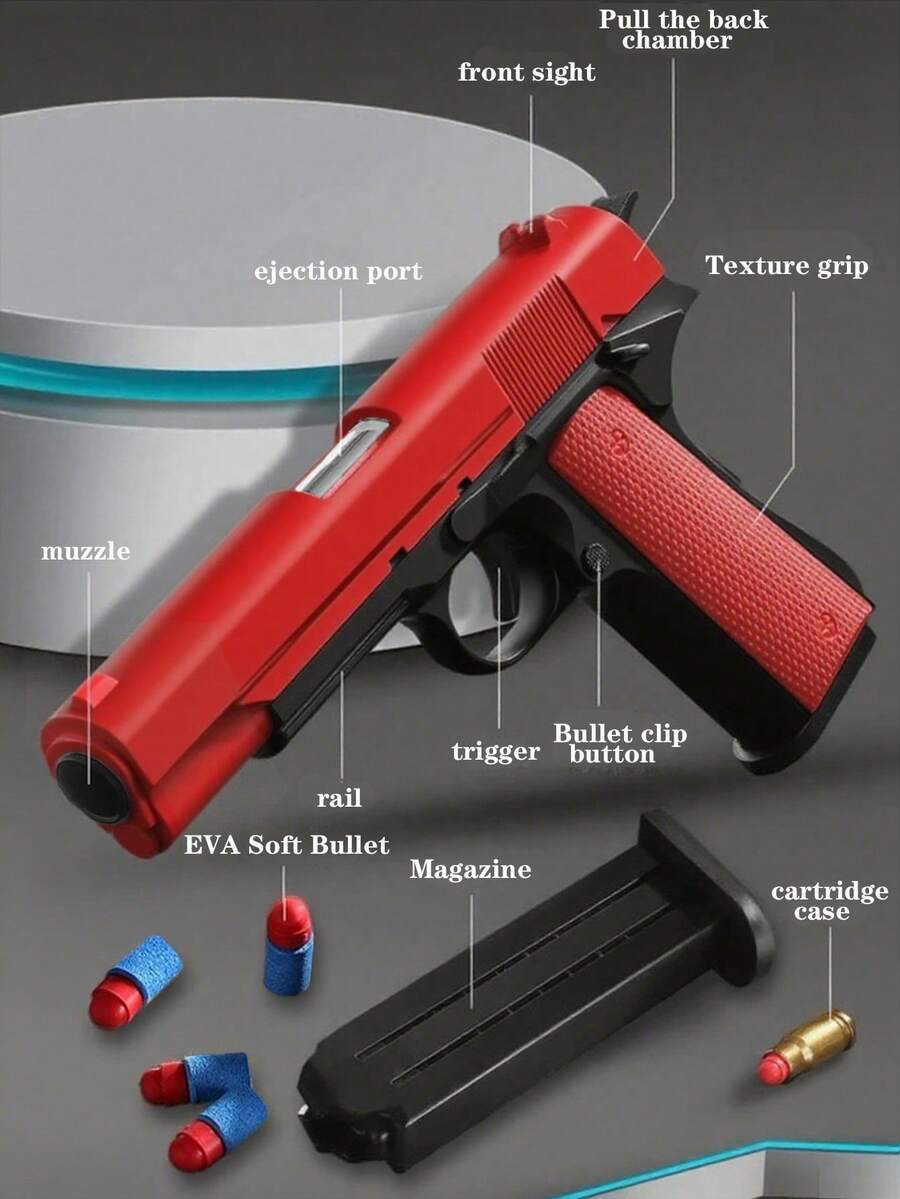 1911 Manually Ejecting Toy Gun For Teenagers, 10 Soft Bullets, 8 Shells, A Shooting Game For Teenagers, Handgun Model, Birthday Gift (This Product Has Two Options: With Text And Without Text, Randomly Sent, Some Accessory Colors Are Randomly Sent, Manual Measurement May Cause Deviation) - Multicolor - View 1