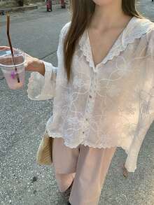 韩版白色刺绣钩编连帽衫，休闲百搭宽松长袖蕾丝开衫，春季 - 白色 - 查看 4