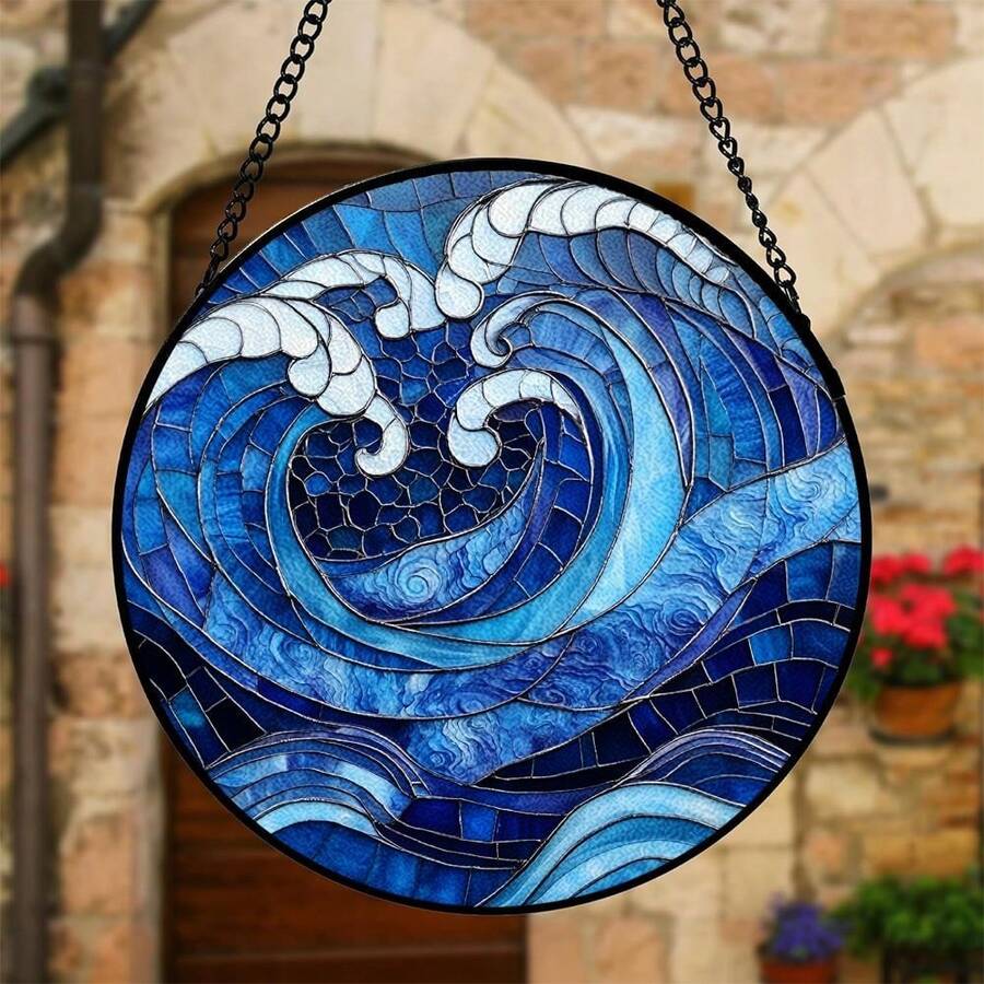 Stained Glass Window Hanging Blue Ocean Waves - Starfish Crab Seal Suncatcher Door Garden Sun Catcher Decor Birthday For Mom Woman Nana Men Friend (2) - Nhiều màu - Xem 1