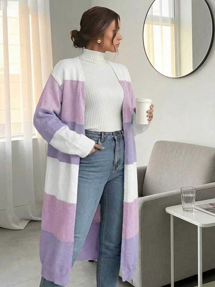 2025 Autumn/Winter New Fashion Casual Colorblock Striped Long Sleeve Knit Cardigan For Women - Multicolor - View 1