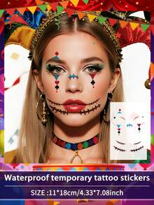 4 piezas de tatuajes temporales de carnaval para decoración facial, diseño de payaso Joker, a prueba de agua y sudor, desechables para mujeres y hombres en cara, brazo, cintura, pecho, pierna, abdomen, cuello, mano, dedo, espalda para baile, fiesta, escenario y arte corporal modernista - Multicolor - Ver 13