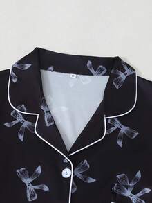 蝴蝶结印花女士长袖睡衣套装 - 黑色 - 查看 2