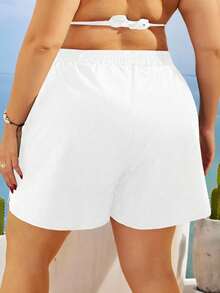 Swim Vcay 大码夏季假日海滩斜口袋松紧腰沙滩短裤黑色短裤女式女士运动短裤沙滩短裤 - 白色 - 查看 2
