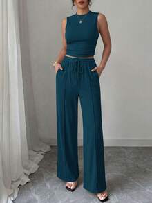 Women Summer 2 Piece Outfit Sleeveless Crop Top Elastic High Waist Wide Leg Pants Ribbed Knit Suit Matching Set For Casual Going Out Holiday Vacation Beach Outfits - 湖藍色 - 查看 3