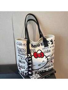 Sanrio Hello Kitty Women's Large Capacity Tote Bag/Shoulder Bag/Travel Bag, Hello Kitty Canvas Tote Bag, Cute KT Tote Shoulder Bag, Cartoon Versatile Tote Bag, Large Capacity Commuter Bag, Suitable For Travel, Back To School, Commuting