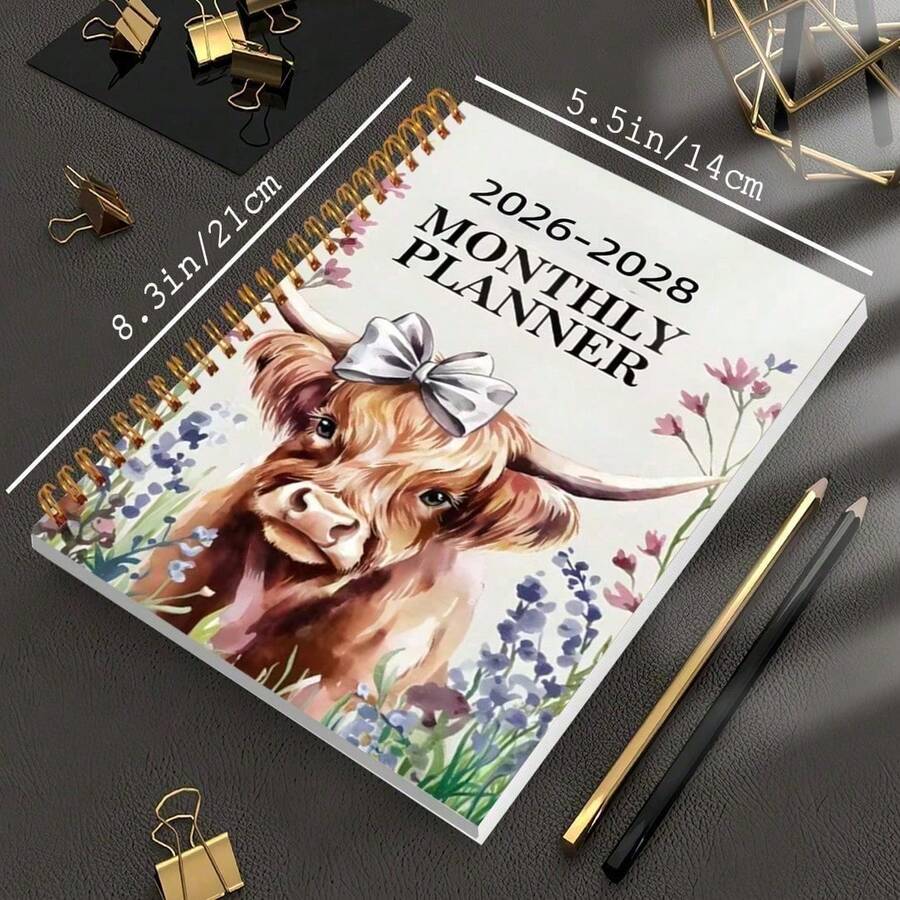 2026-2028 Three Year Plan - Scottish Highlands Cow Pattern,Compact And Portable, Suitable For Use In Schools, Including Monthly And Weekly Layouts, Offices, And Homes - 1pc - 查看 1