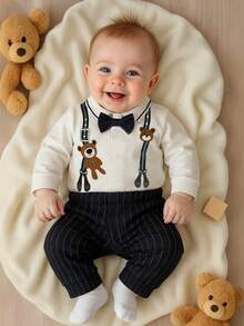 H HIBOBI 2-Piece Baby Boy Polo Romper Set – Long Sleeve Bodysuit With Bow Tie And Stripe Pants (1-18M) - White - View 2