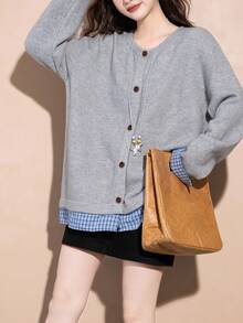 Alicedudu Women's Spring Casual Plaid Patchwork Faux Two-Piece Round Neck Knit Cardigan Sweater - Grey - View 5