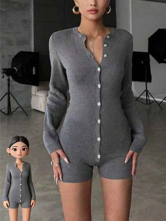 休闲街头风圆领前开襟罗纹针织连体裤，秋冬新款，女士连体裤