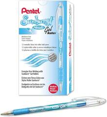 Pentel Sunburst - Bolígrafo de gel metálico, punta de 0,8 mm, línea de 0,4 mm, tinta rosa barril transparente, caja de 12 (K908-MP) Para Escuela y Oficina esistente y Duradero Sin Residuos / No Mancha Papel - Azul (tinta azul) - Ver 5