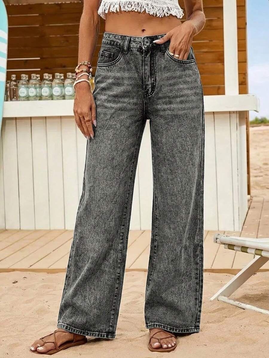 Fashion Women Loose Fit Straight Leg Denim Pants Casual Retro Versatile Daily Commute Trousers - Grey - View 1