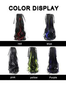Wavy Curly Ponytail Extensions - 16"-24" Heat Resistant Synthetic With Drawstring, Black Blue Highlights For Holiday Parties Daily Glam - Two-Tone - View 9