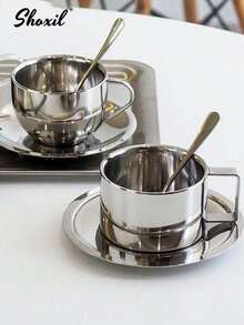 shoxil 3pcs Coffee Cup Set, Milan Coffee Cup Set, Coffee Cup, Saucer And Spoon, Mug, High Quality Stainless Steel Material, Espresso Cup, Pour Over Coffee Cup - Cup - View 6