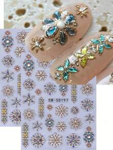 5D奢华宝石浮雕美甲贴纸，金蓝渐变波西米亚风花朵吊坠美甲设计DIY，Y2K时尚自粘凝胶指甲油贴纸，滑动式美甲装饰配件 - 彩色 - 查看 7