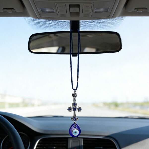 1件装时尚邪眼绿松石蓝眼睛水钻装饰十字架吊坠，汽车幸运饰品