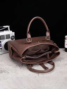 Vintage Men's Briefcase, Casual Messenger Bag, Cowhide Leather Crossbody Bag, Horizontal Shoulder Bag, Korean Fashion - Multicolor - View 9