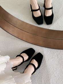 黑色复古法式玛丽珍鞋，方头粗跟露跟鞋，2025春季新品 - 黑色 - 查看 8