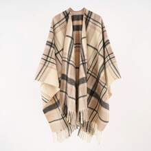 1 Pc Warm Plaid High-End Women'S Tassel Fashion Slit Shawl For Autumn And Winter - 藏青色 - 查看 4