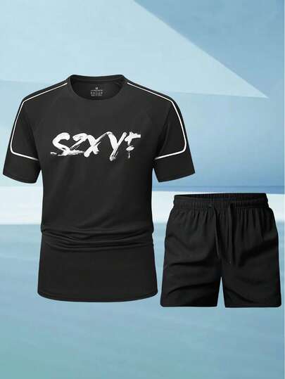 Men's Summer Short Sleeve Sports Set With Letter Print, Drawstring Waist Shorts, Quick-Dry Breathable For Casual, Outdoor Sports