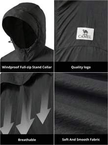 CAMEL CROWN 男士 UPF 50+ 防晒夹克，透气长袖连帽衫，适合夏季徒步、钓鱼等户外活动 - 幻影黑 - 查看 6