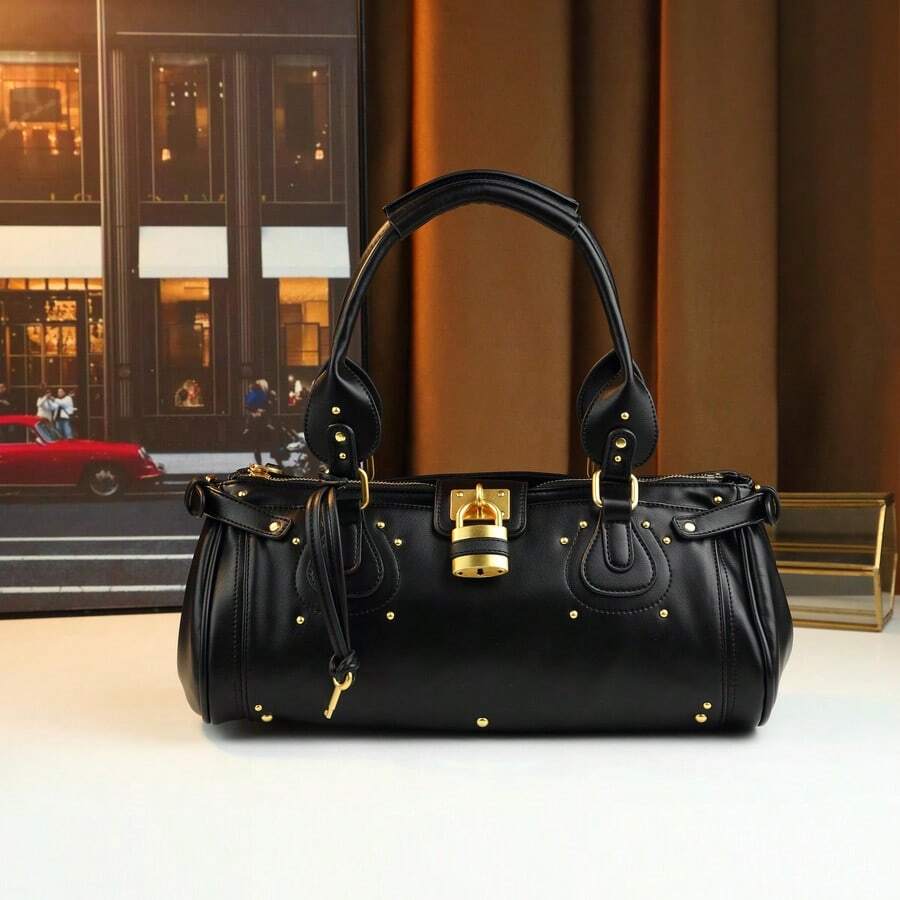 Classic New Motorcycle Style Rivet Lock Head Handbag, Large Capacity Pillow Bag - Black - View 1