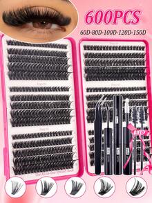 600pcs Clusters D Curl 10D+20D+30D+40D+50+60D+80D+100D+120D+150D Individual Eyelashes Extensions With Bond And Seal And Tweezers Tools For Beginner And Professional, Soft And Natural Look Wispy Lash Extensions Set, DIY At Home Segmented Lashes Book - Rose Red - View 2
