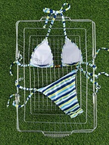 Nuovo set di bikini alla moda con blocchi di colore e righe, top triangolare e slip - Blu - Visualizzare 6