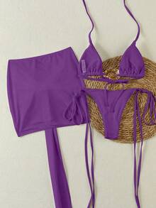 Bộ bikini 3 mảnh màu tím trơn, kiểu dáng giản dị, thanh lịch, thích hợp cho mùa xuân/hè, phù hợp đi biển, nghỉ mát, hẹn hò, tiệc tùng. - Màu tím - Xem 4