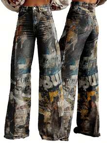 [Imitation Denim][Imitation Denim]Women'S High-Waisted Wide Leg Tapered Floor Pants - Vintage Newspaper Print Faux Denim Texture, Loose Fit Straight Leg Trousers With Beltless Design & Functional Pockets, Distressed Pocket Trousers - 黑色 - 查看 4