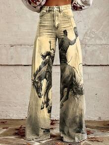 [Imitation Denim]3D Printed Women'S Pants Inspired By Western Horse Racing, Stylish And Comfortable. Made From Denim-Like Printed Fabric, Durable And High-Quality, Suitable For All Seasons, Perfect For Both Home And Outings. - 黑色 - 查看 2
