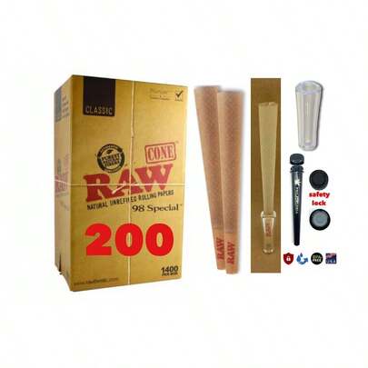 RAW Classic 98 Special Size Cone AUTHENTIC 200 Pack +Phily Tube+Glass Cone Tip