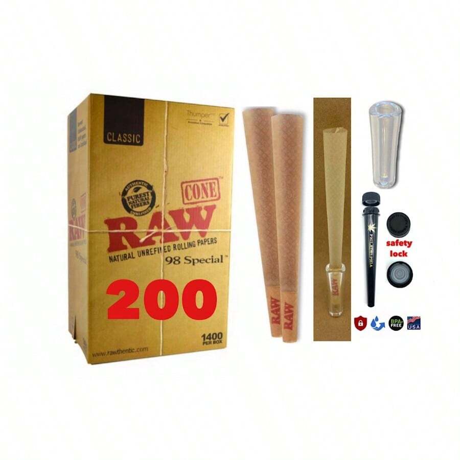 RAW Classic 98 Special Size Cone AUTHENTIC 200 Pack +Phily Tube+Glass Cone Tip - 如圖所示 - 查看 1