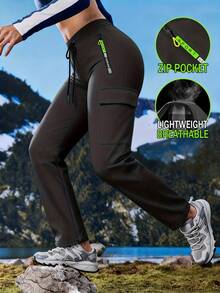 Hidkat Women's Spring/Autumn New Style Casual Zipper Pocket Cargo Pants - With Drawstring Elastic Waist, Lightweight And Breathable Fabric, Featuring Utility Pockets. Ideal For Everyday Outdoor Wear. - 黑色 - 查看 2