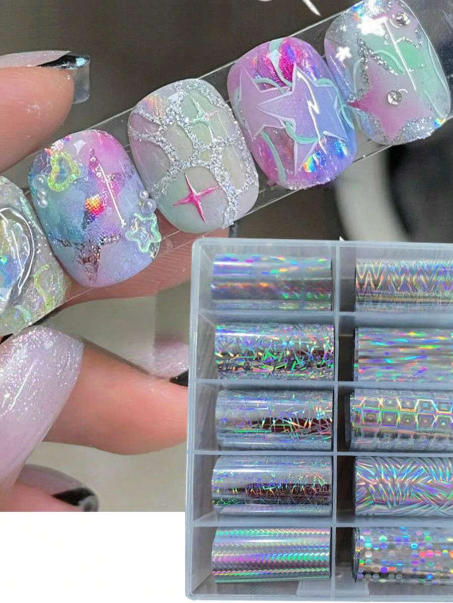 10卷/盒银色全息激光美甲箔贴纸套装，星空自粘美甲装饰，闪亮反光美甲贴纸，美甲用品 - 彩色 - 查看 1
