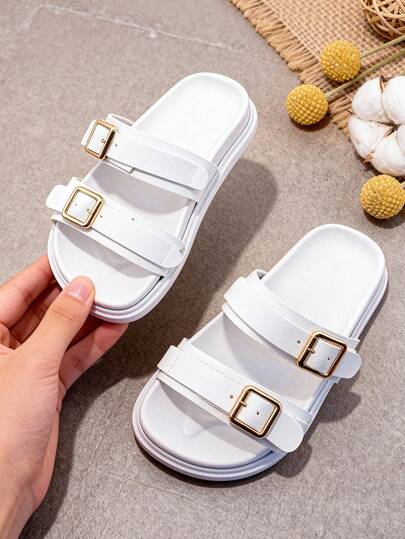 儿童夏季凉拖鞋，白色双带金色金属扣，透气亲肤，软底舒适，男女通用儿童休闲户外百搭鞋