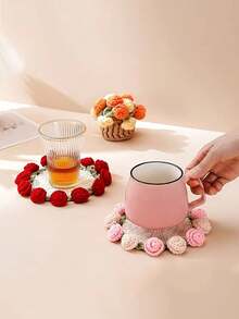 2pcs/Set Handmade Crochet Tulip Coasters, Tulip Bouquet Coasters With Basket, Heat-Resistant Pads, Tabletop Decor, Holiday Gift, Unique Creativity, Suitable For Home Decor, Valentine's Day Decor, Wedding Gift, Anniversary Gift, Girlfriend Gift, Mother's Day Gift, And Valentine's Day Gift. - Multicolor - View 2