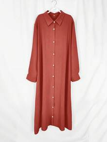Plus Size Women's Elegant Casual Solid Color Lapel Button-Down Long Shirt Dress, Spring/Autumn - Red - View 4