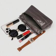 1 pieza Bolso bandolera para mujer con cierre de cremallera, elegante bolso de mano de color liso con textura de piedra, con textura tejida de angora , de estilo retro minimalista y casual de piel sintética, adecuado para salidas, citas y viajes - Gris - Ver 2