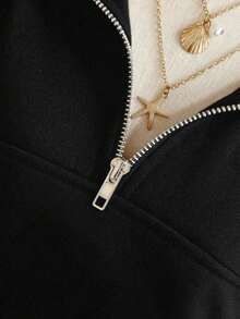 Half-Zip Collar Top, Adjustable Half-Zip Closure,Loose Fit,Suitable For Autumn And Cool Weather Periods,For Daily Or Casual Occasions,Going Out Tops - Black - View 5