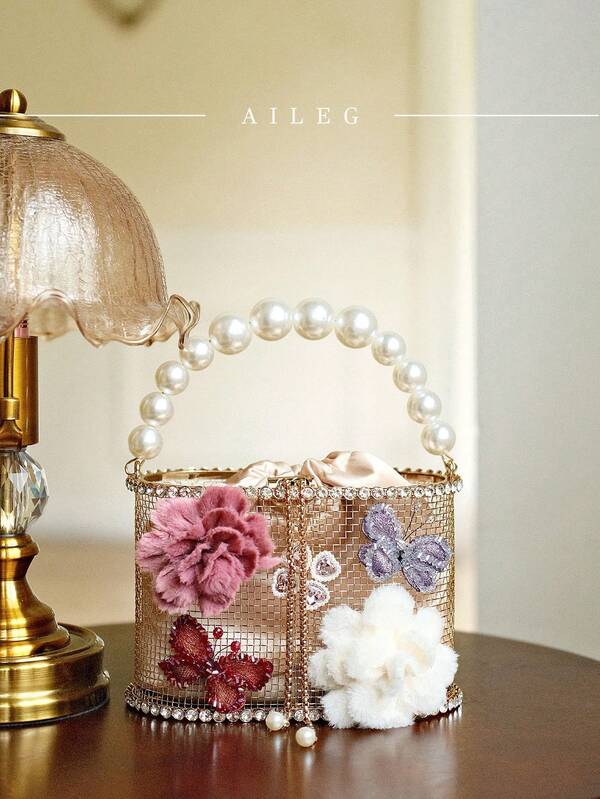 Bolso de cena de malla metálica con decoración de flores de punto en 3D, mariposas y cuentas, perfecto para cenas y fiestas, se puede combinar con ropa diaria, formal, vestidos de baile, vestidos de cumpleaños